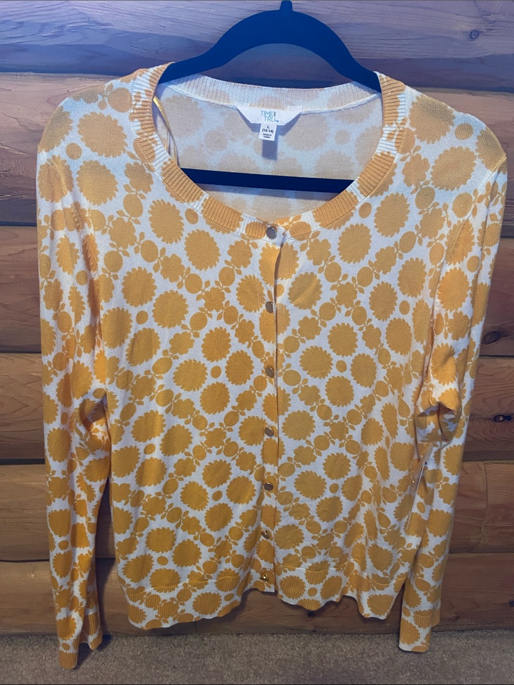 Time and Tru Yellow and White Floral Dot Button-Down Top